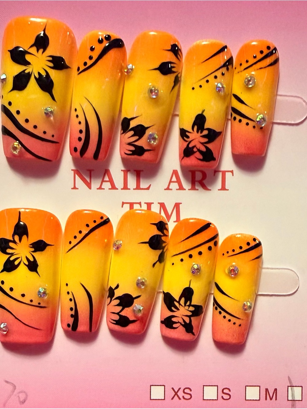 Sunset Floral Press-On Nails - Yellow & Orange Ombre with Black Accents